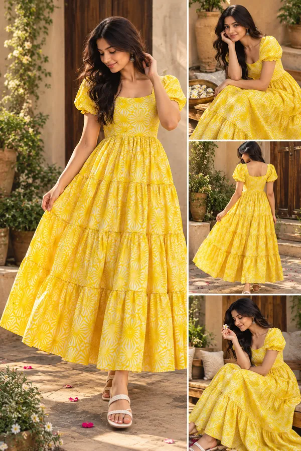 Yellow_Cotton_Printed_Puff_Sleeve_Tiered_Maxi_Dress_For_Women