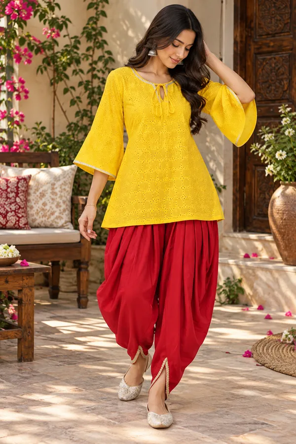 Yellow_Red_Cotton_Kurta_Dhoti_Pants_Set_For_Women
