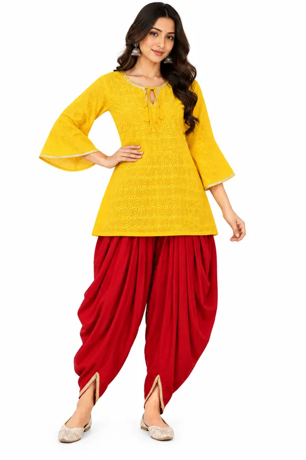 Yellow_Red_Cotton_Kurta_Dhoti_Pants_Set_For_Women