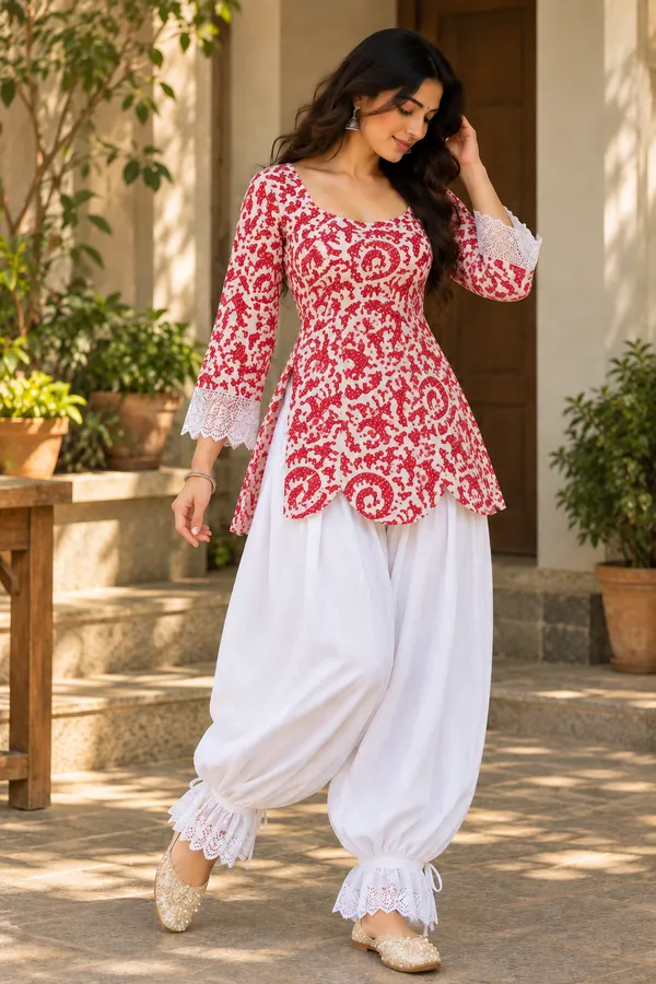 Red_Cotton_Printed_Flared_Ethnic_Kurta_Set_For_Women
