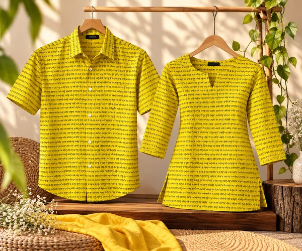 Yellow_Cotton_Printed_Shirt_And_Kurti_Couple_Set