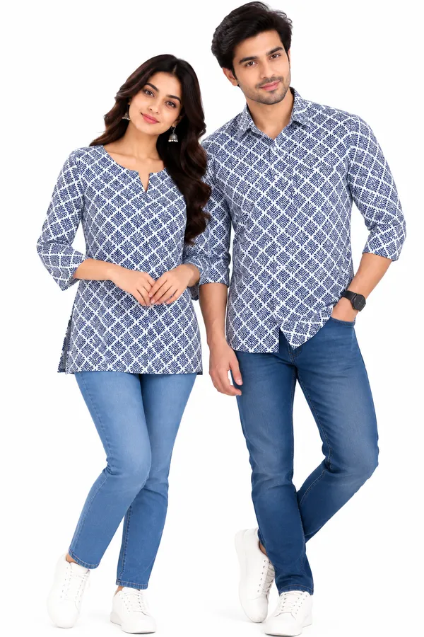 Blue_Cotton_Printed_Shirt_And_Top_Couple_Set