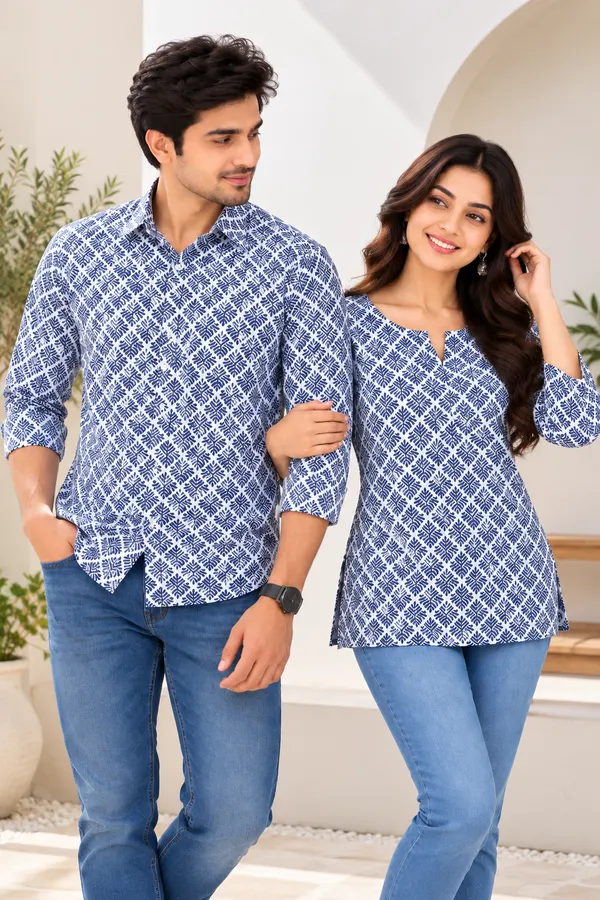 Blue_Cotton_Printed_Shirt_And_Top_Couple_Set
