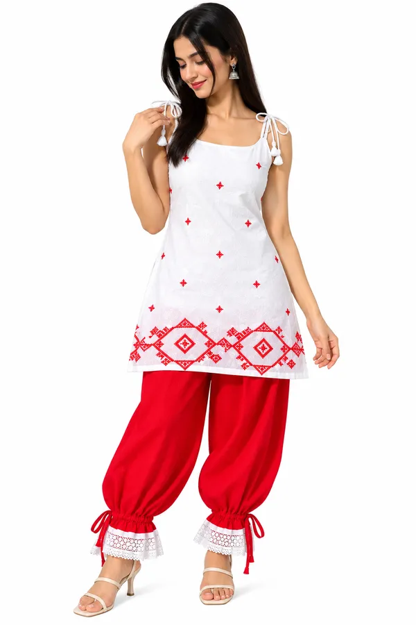 White_Red_Cotton_Sleeveless_Kurta_Patiala_Set_For_Women