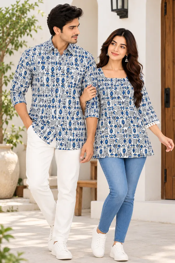 White_Blue_Cotton_Printed_Shirt_And_Tunic_Couple_Set