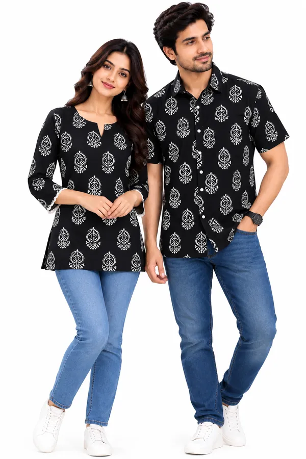 Black_Cotton_Printed_Couple_Kurta_And_Shirt_Set