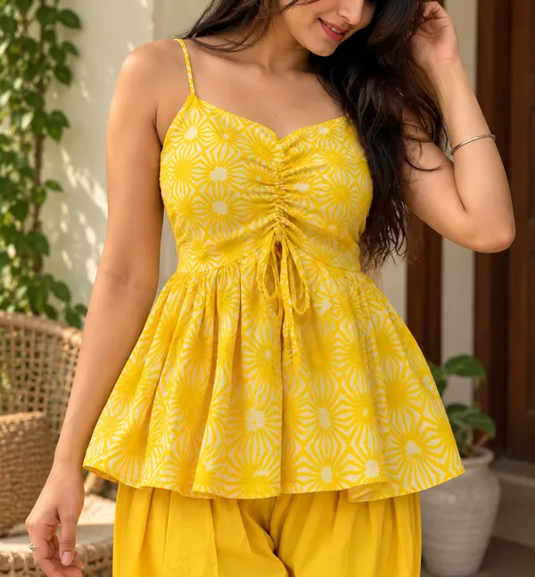 Yellow_Cotton_Printed_Peplum_Top_And_Tapered_Pants_Co-Ord_Set_For_Women