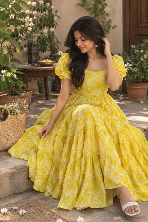 Yellow_Cotton_Printed_Puff_Sleeve_Tiered_Maxi_Dress_For_Women