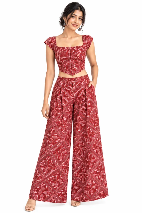 Maroon_Cotton_Crop_Top_And_Palazzo_Co-Ord_Set_For_Women