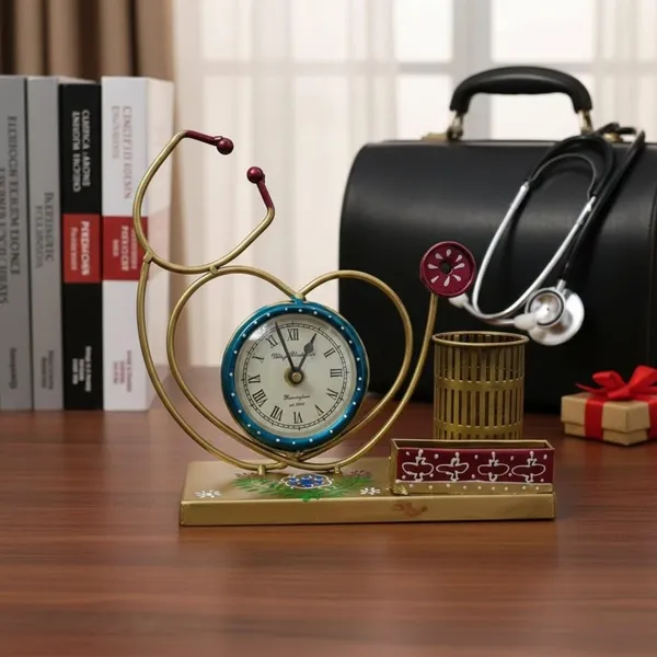 Metal_Stethoscope_Pen_Stand_With_Desk_Clock