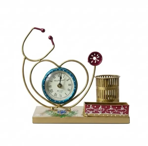 Metal_Stethoscope_Pen_Stand_With_Desk_Clock