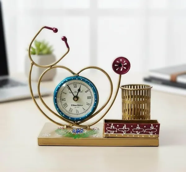 Metal_Stethoscope_Pen_Stand_With_Desk_Clock