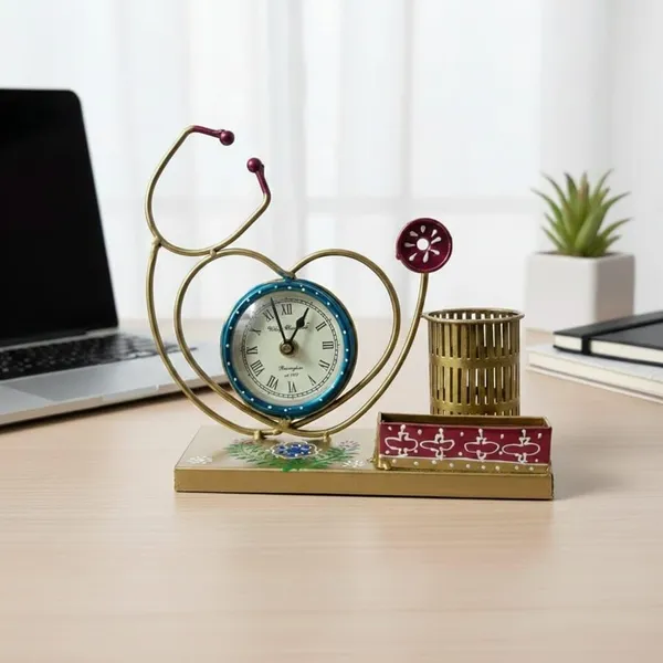 Metal_Stethoscope_Pen_Stand_With_Desk_Clock