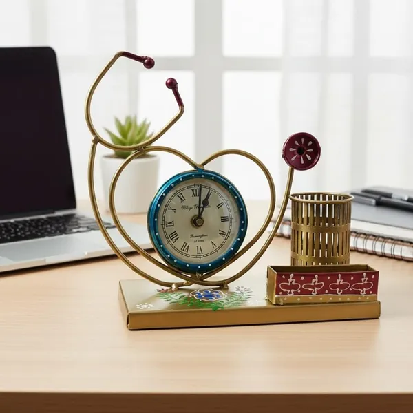 Metal_Stethoscope_Pen_Stand_With_Desk_Clock
