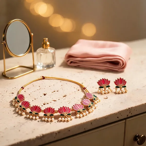 Gold_Pink_Alloy_Lotus_Choker_Necklace_Set_For_Women_Pack_Of_2