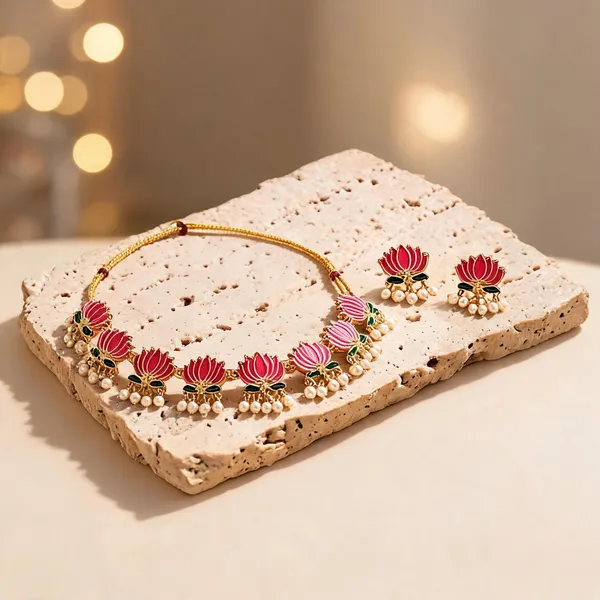Gold_Pink_Alloy_Lotus_Choker_Necklace_Set_For_Women_Pack_Of_2