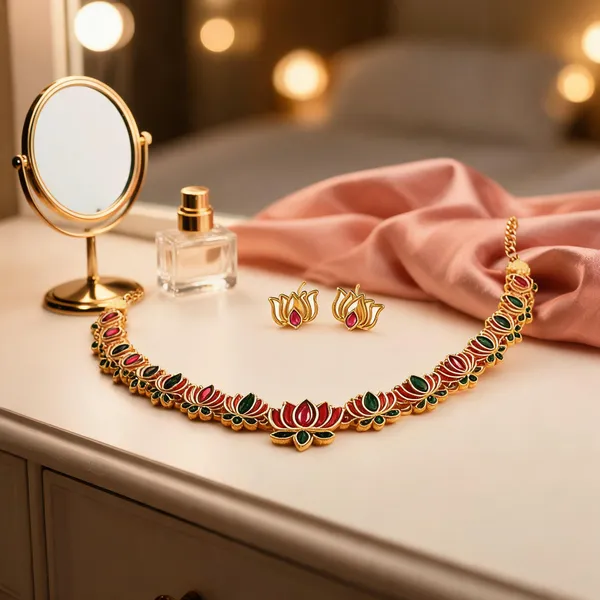 Gold_Alloy_Floral_Lotus_Motif_Necklace_And_Earrings_Set_For_Women_Pack_Of_2