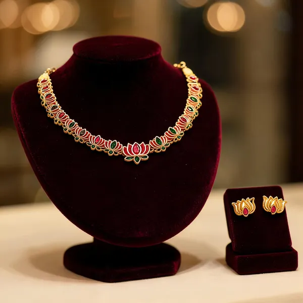 Gold_Alloy_Floral_Lotus_Motif_Necklace_And_Earrings_Set_For_Women_Pack_Of_2