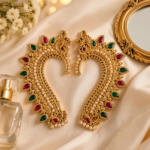 Gold_Tone_Alloy_Pearl_Red_Green_Stone_Ear_Cuff_Earrings_For_Women_Pack_Of_2