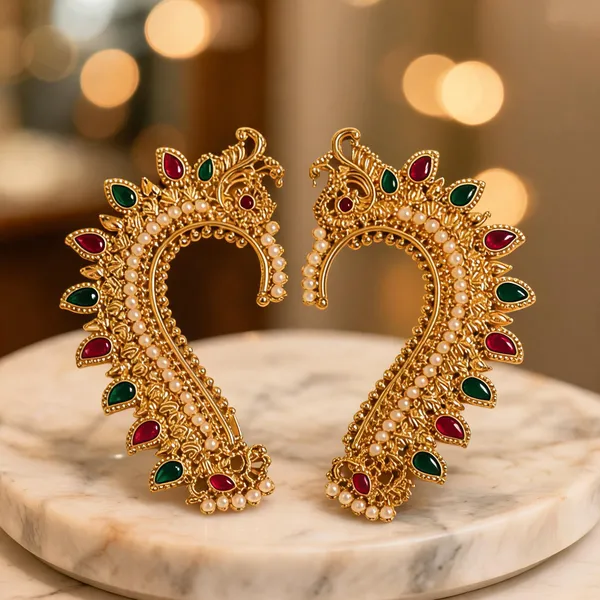 Gold_Tone_Alloy_Pearl_Red_Green_Stone_Ear_Cuff_Earrings_For_Women_Pack_Of_2