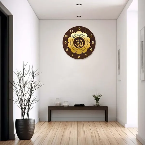 Mdf_Spiritual_Gayatri_Mantra_Gold_Brown_Om_Wall_Clock