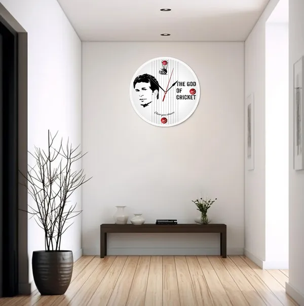 Mdf_Cricket_Theme_Black_White_Portrait_Wall_Clock