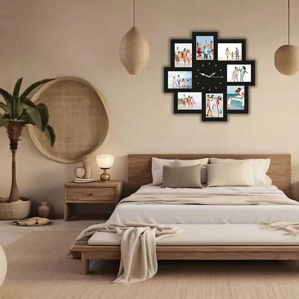 Mdf_Vinyl_Black_Collage_8-Slot_Photo_Frame_Wall_Clock