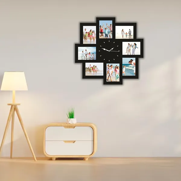 Mdf_Vinyl_Black_Collage_8-Slot_Photo_Frame_Wall_Clock