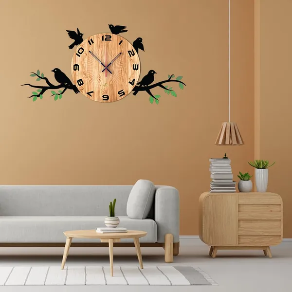 Mdf_Wood_Nature_Bird_Branch_Brown_Gold_Wall_Clock