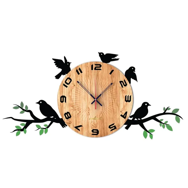 Mdf_Wood_Nature_Bird_Branch_Brown_Gold_Wall_Clock