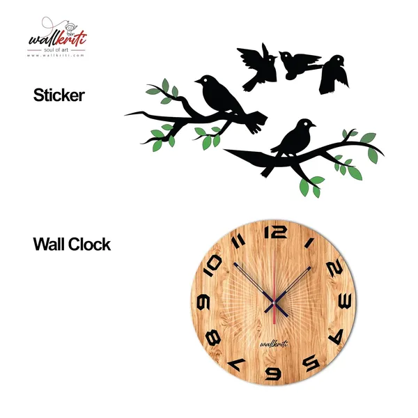 Mdf_Wood_Nature_Bird_Branch_Brown_Gold_Wall_Clock