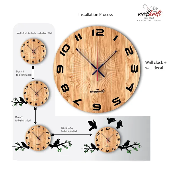 Mdf_Wood_Nature_Bird_Branch_Brown_Gold_Wall_Clock