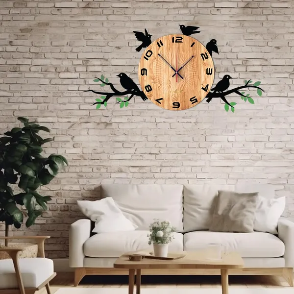 Mdf_Wood_Nature_Bird_Branch_Brown_Gold_Wall_Clock