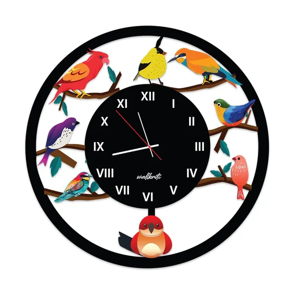 Mdf_Wood_Multicolour_Bird_On_Branch_Round_Wall_Clock