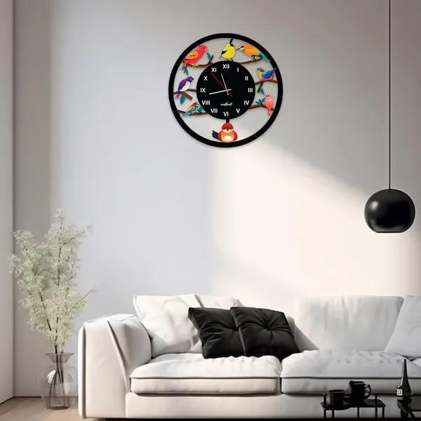 Mdf_Wood_Multicolour_Bird_On_Branch_Round_Wall_Clock