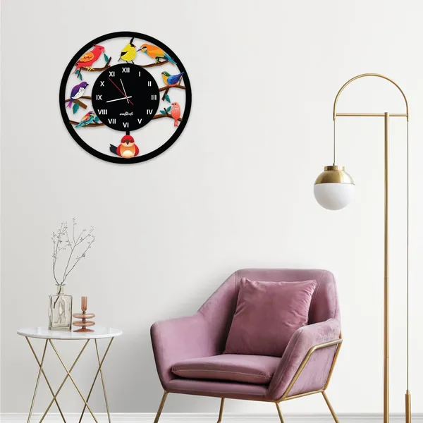 Mdf_Wood_Multicolour_Bird_On_Branch_Round_Wall_Clock
