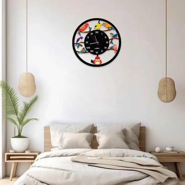 Mdf_Wood_Multicolour_Bird_On_Branch_Round_Wall_Clock