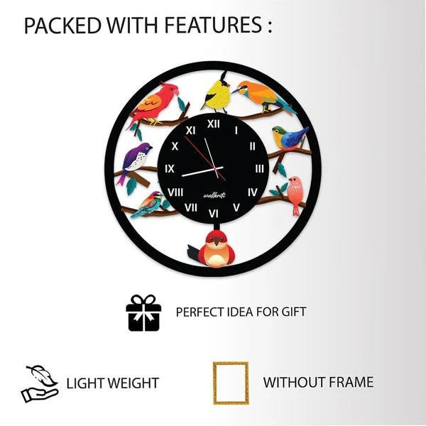 Mdf_Wood_Multicolour_Bird_On_Branch_Round_Wall_Clock