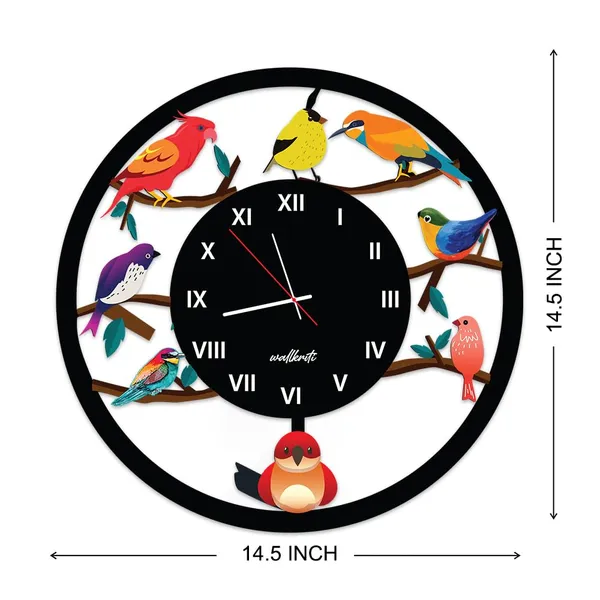 Mdf_Wood_Multicolour_Bird_On_Branch_Round_Wall_Clock