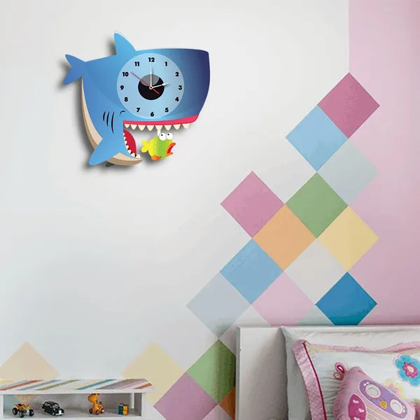 Mdf_Wood_Novelty_Shark_Pendulum_Multicolor_Wall_Clock