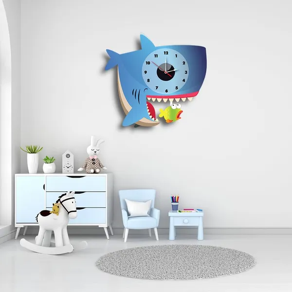 Mdf_Wood_Novelty_Shark_Pendulum_Multicolor_Wall_Clock