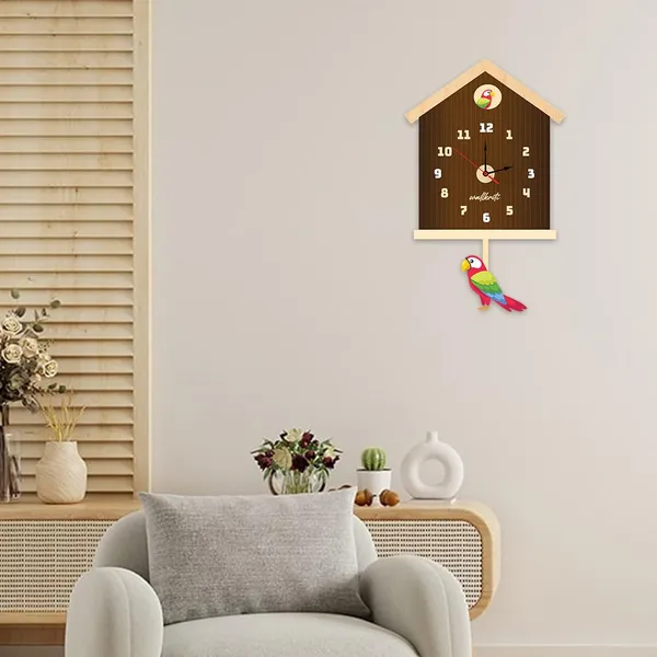 Wood_Novelty_Birdhouse_Parrot_Accent_Brown_Wall_Clock