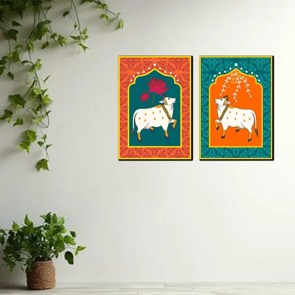 Paper_Folk_Art_Sacred_Cow_Motif_Wall_Print_Set_Of_2