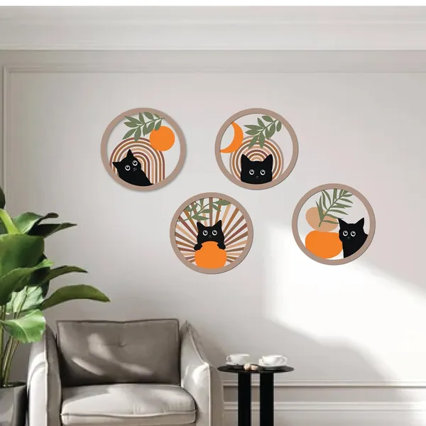 Paper_Bohemian_Black_Cat_Circular_Wooden_Panel_Wall_Art_Set_Of_4