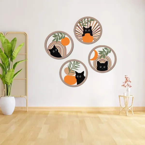 Paper_Bohemian_Black_Cat_Circular_Wooden_Panel_Wall_Art_Set_Of_4