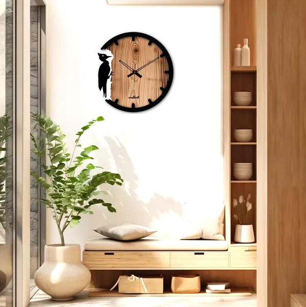 Mdf_Wood_Nature_Woodpecker_Silhouette_Brown_Wall_Clock