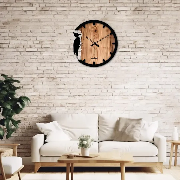 Mdf_Wood_Nature_Woodpecker_Silhouette_Brown_Wall_Clock