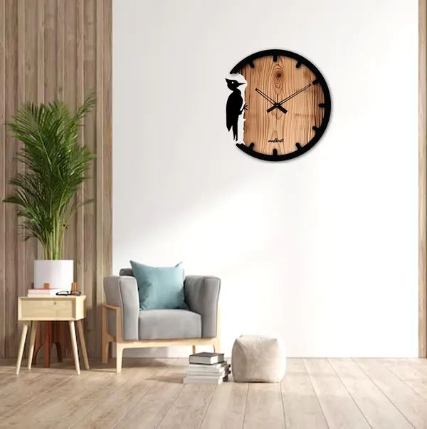 Mdf_Wood_Nature_Woodpecker_Silhouette_Brown_Wall_Clock