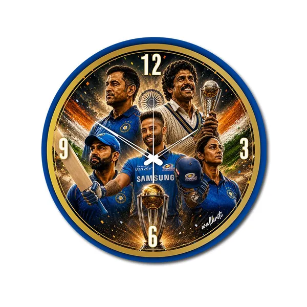 Mdf_Wood_Indian_Cricket_Legends_Tricolour_Wall_Clock