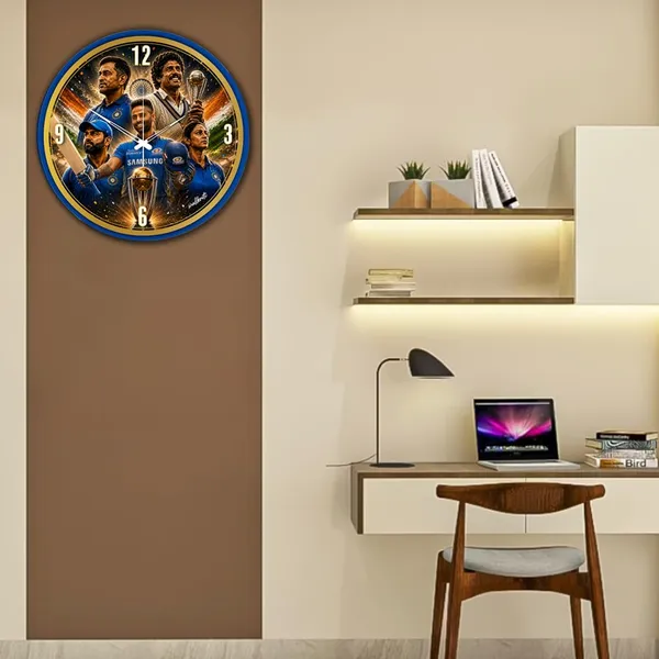 Mdf_Wood_Indian_Cricket_Legends_Tricolour_Wall_Clock